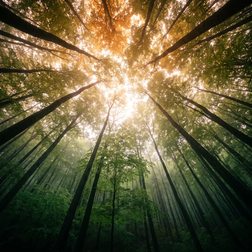 Copas de árboles verdes vistas desde abajo, con la luz del sol entre las hojas